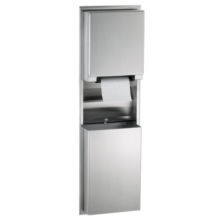 Bobrick B-3974 recessed convertible automatic universal towel dispenser with waste receptacle in a satin finish stainless steel.
